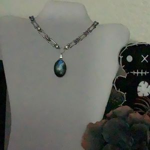 Authentic Labrodite Stone Pendant on HM Rhinestone and Silver Chain Choker